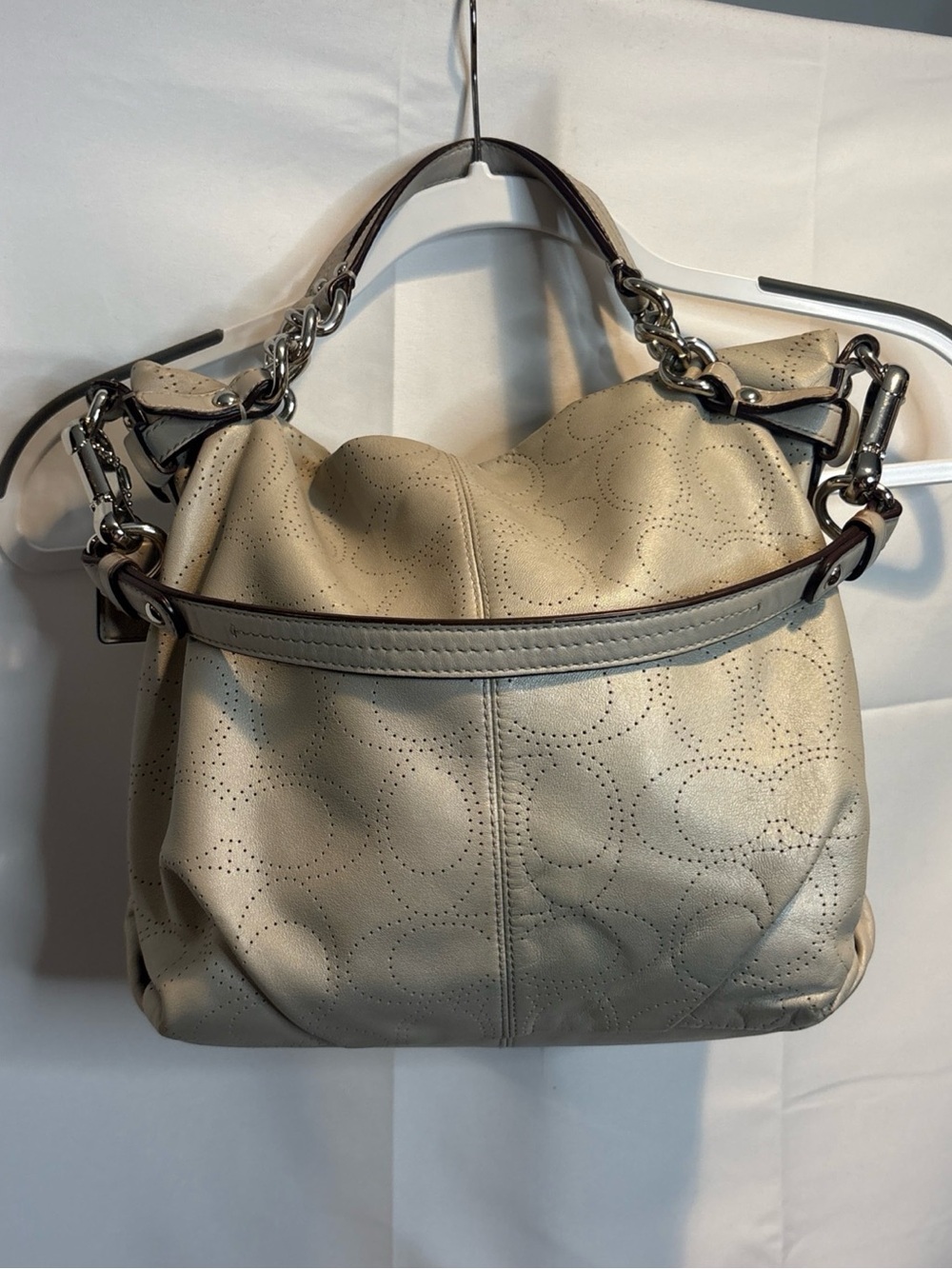 Coach Perforated Logo Leather Shoulder Bag in Light Taupe